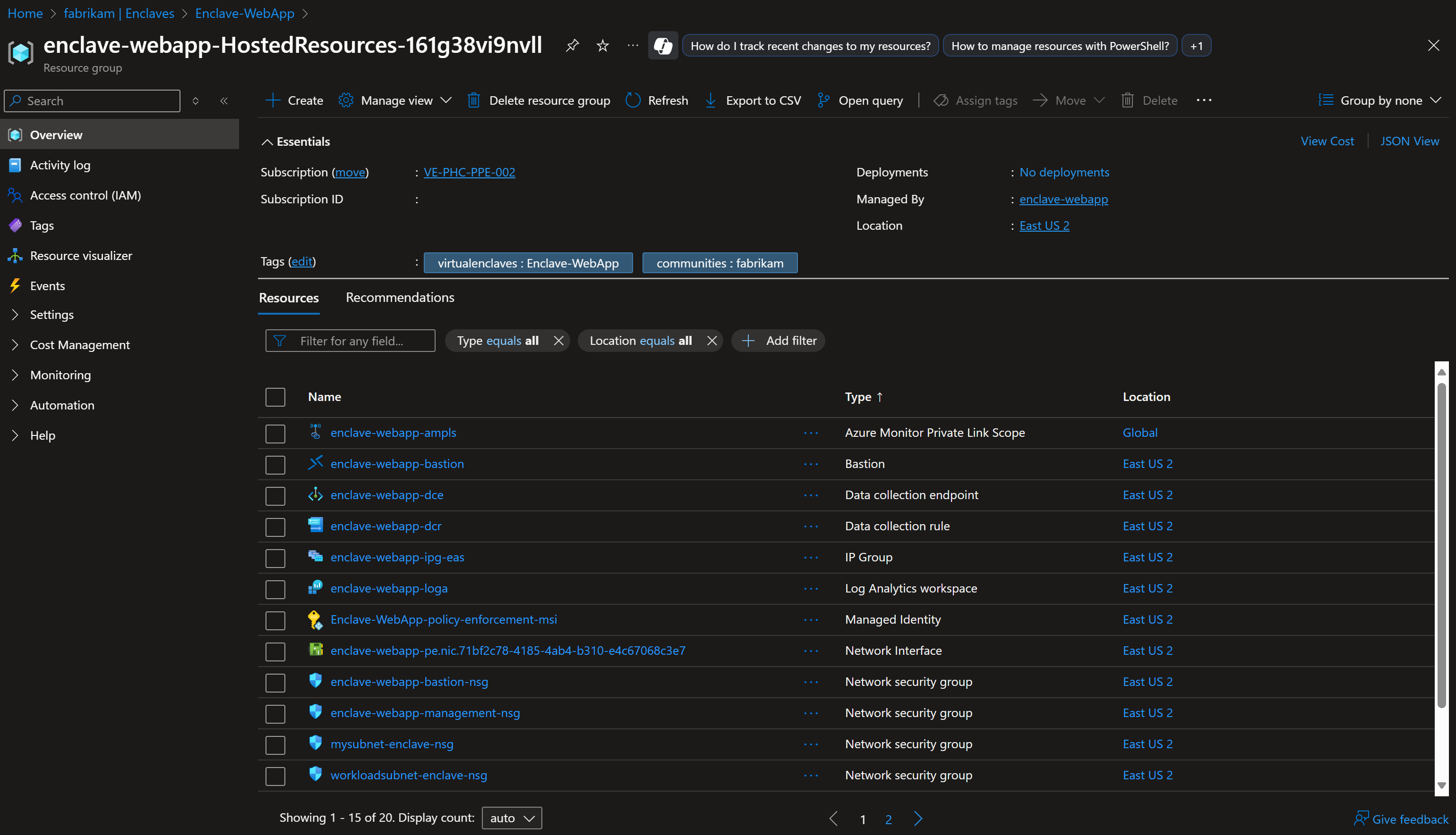 Captura de pantalla que muestra un ejemplo de los recursos de enclave administrados por Azure Enclave.