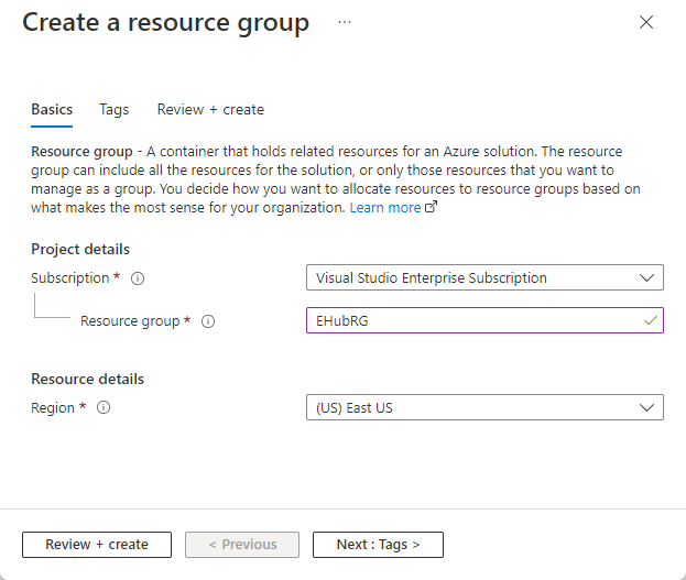 Screenshot showing the Create a resource group page.