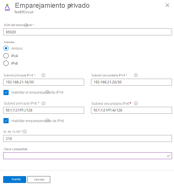 Captura de pantalla que muestra la configuración del emparejamiento privado.