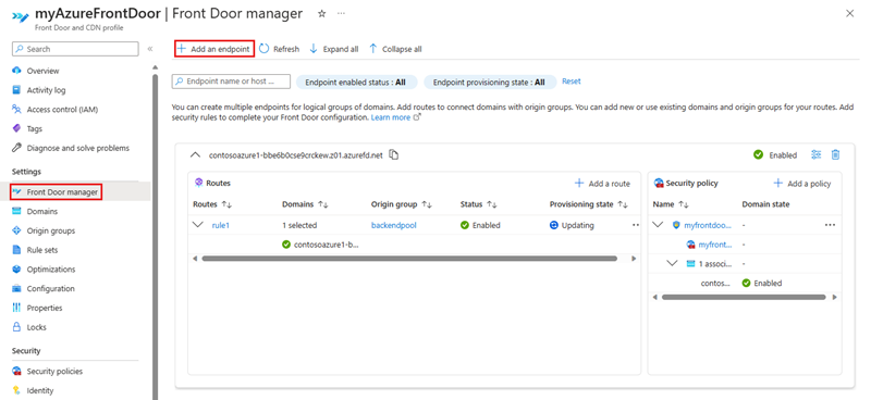Screenshot of add an endpoint through Front Door manager.