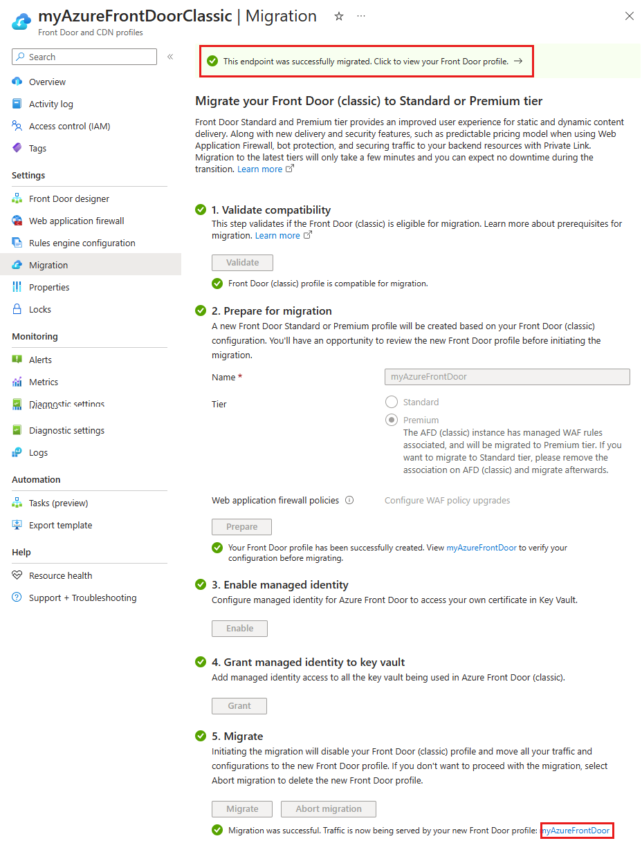 Captura de pantalla de una migración de Front Door correcta.