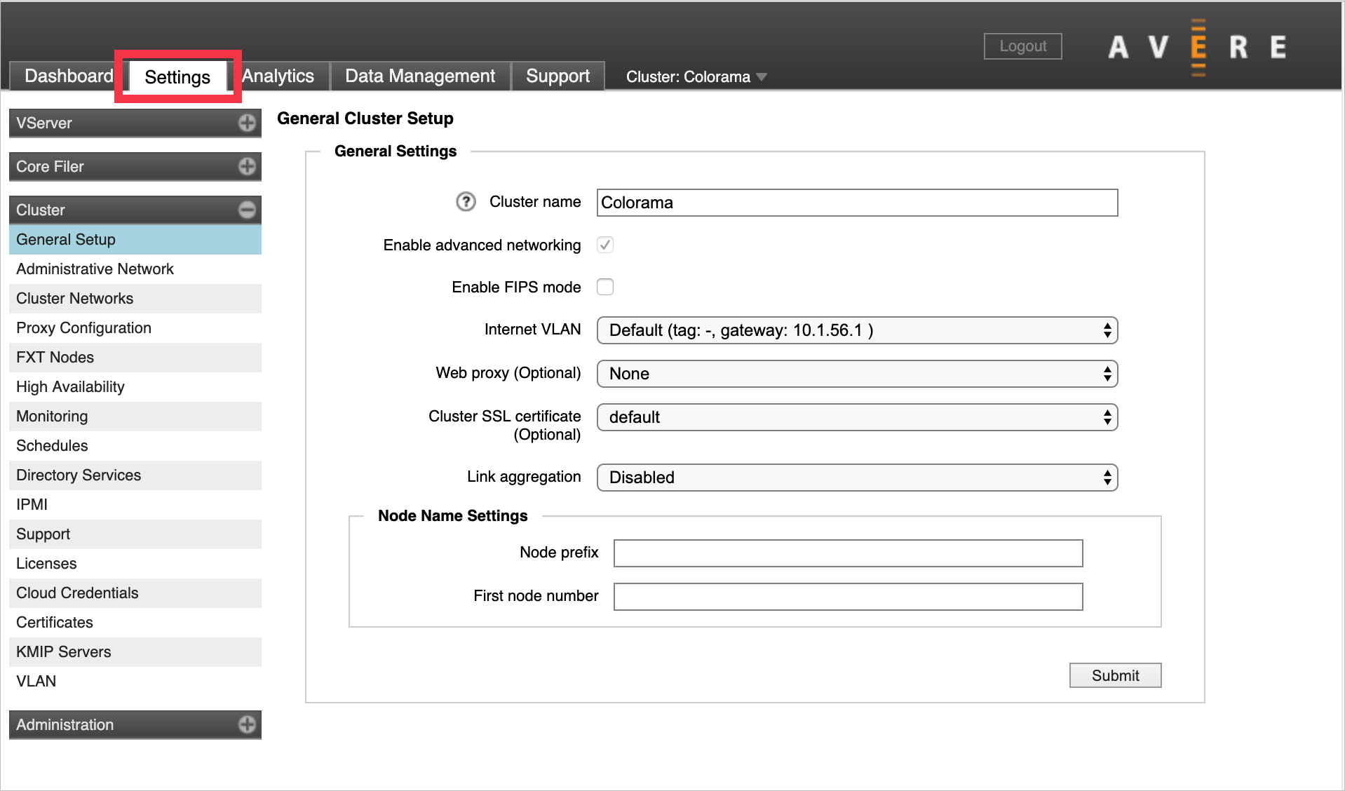 Pestaña de configuración del Panel de control (en el explorador) con la página Cluster Clúster > Configuración general cargada