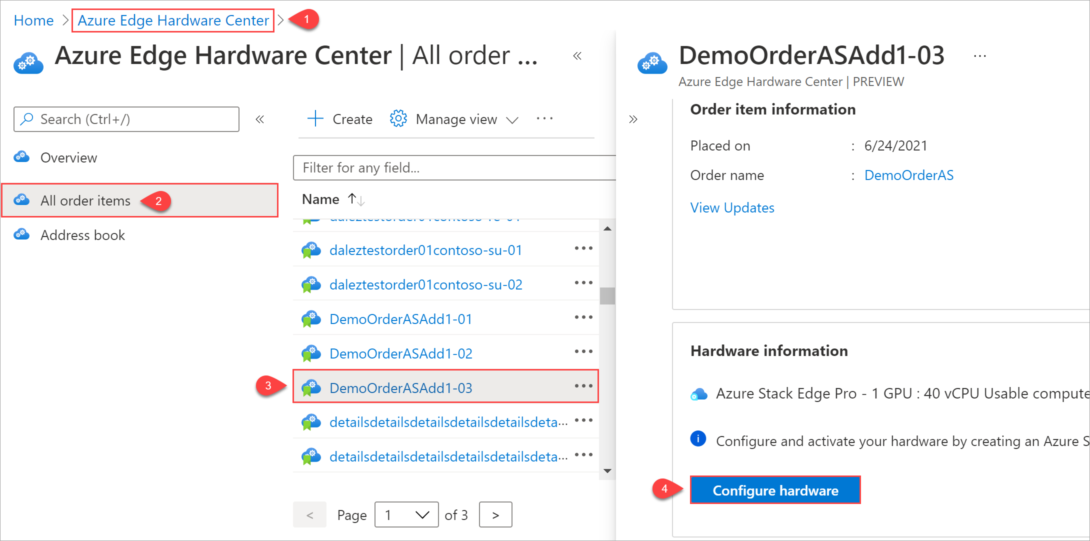 Ilustración en la que se muestran cuatro pasos para iniciar la creación de recursos de administración desde un elemento del pedido en Azure Edge Hardware Center.