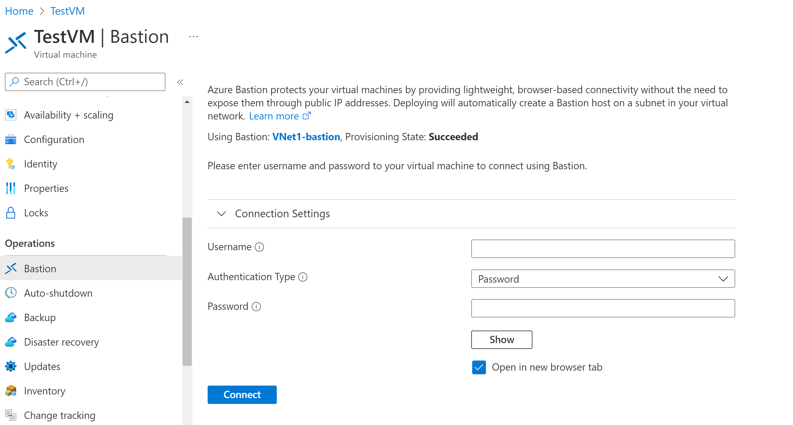 Captura de pantalla de la configuración de conexión de Azure Bastion.