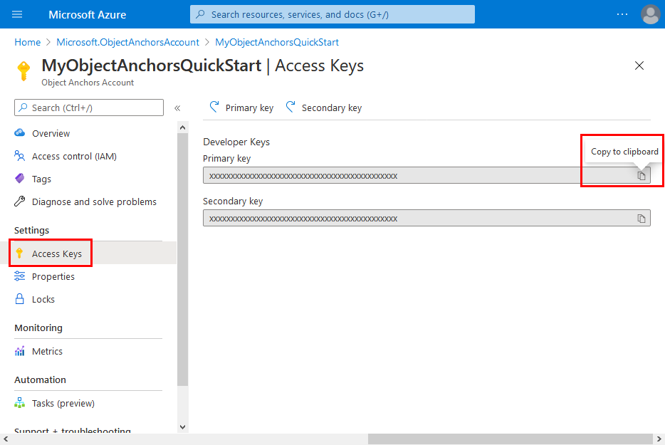 Copia de la clave de cuenta del recurso de Object Anchors