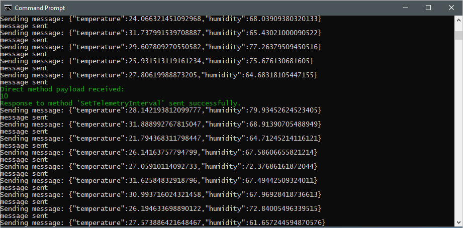 Captura de pantalla de una ventana de terminal que muestra el resultado directo del mensaje y la salida actualizada de la aplicación de dispositivo simulado.
