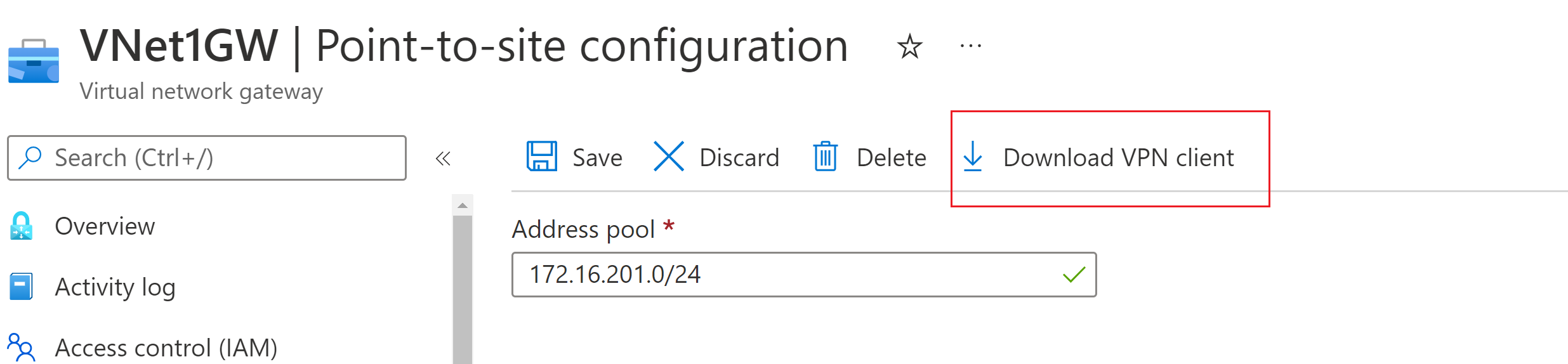 Captura de pantalla de la página de configuración de punto a sitio.