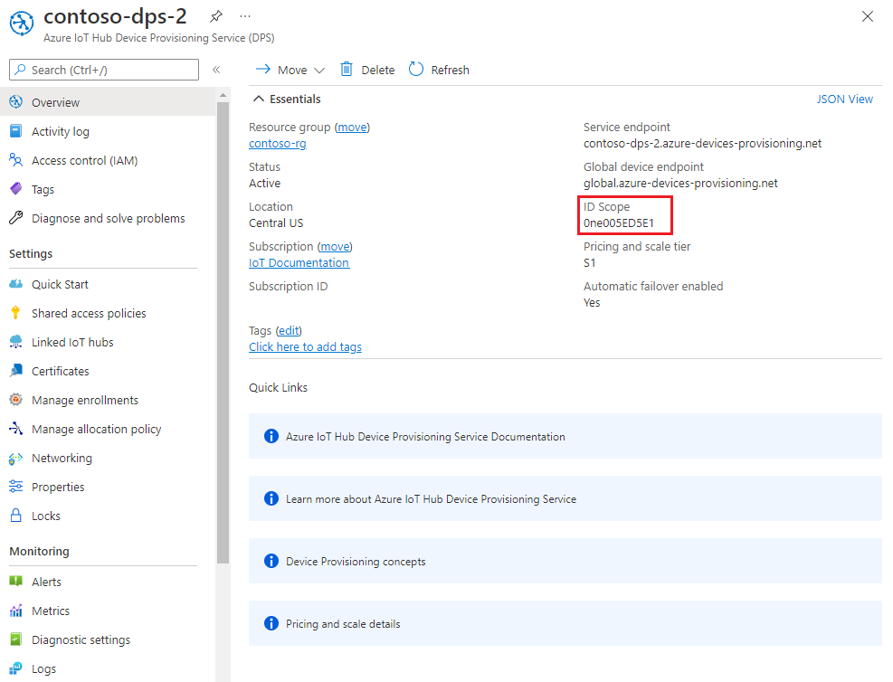 Extracción de información del punto de conexión del servicio Device Provisioning desde la hoja del portal