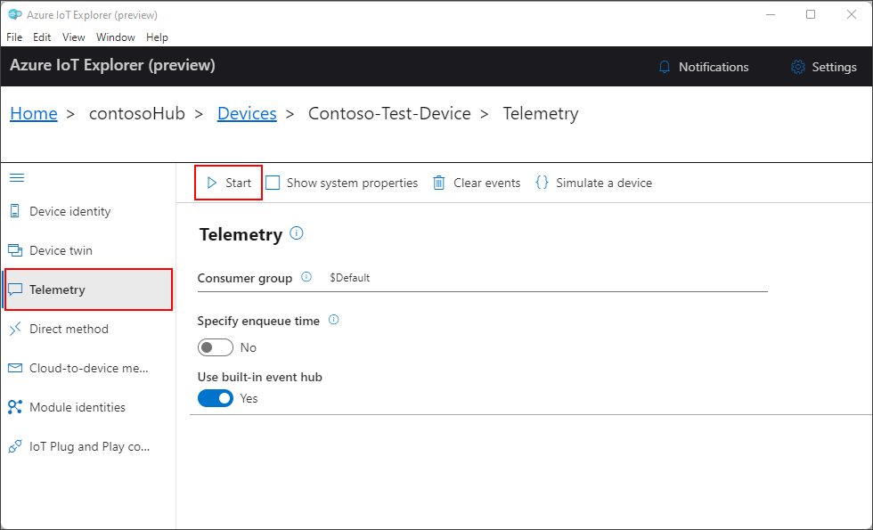 Inicio de la supervisión de la telemetría del dispositivo en IoT Explorer.