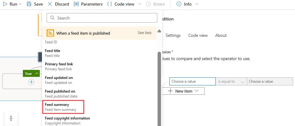 Captura de pantalla muestra el Azure Portal, el diseñador de flujos de trabajo de Consumo y el activador RSS y la acción Condición con un criterio de construcción.