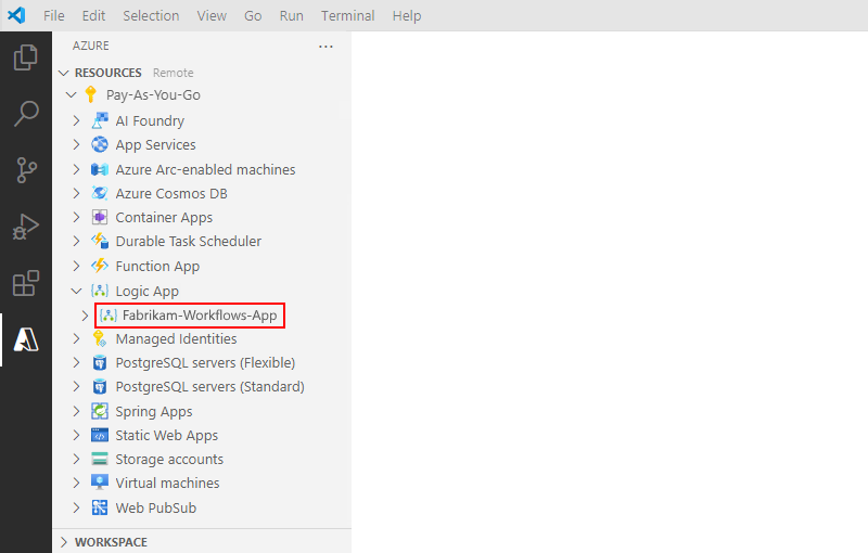 Captura de pantalla que muestra la sección Visual Studio Code con recursos e implementación de un recurso de aplicación lógica estándar.