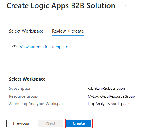 Captura de pantalla que muestra la página de solución de Logic Apps B2B, donde puede seleccionar la suscripción y el plan y, a continuación, Crear.