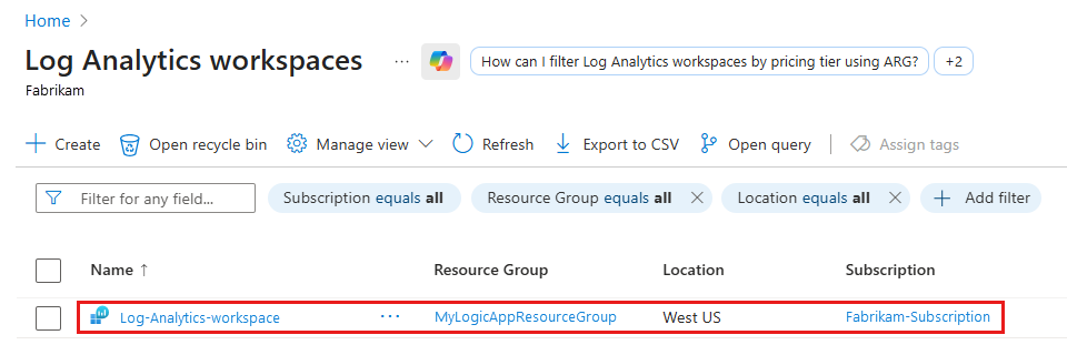 Captura de pantalla que muestra las áreas de trabajo de Log Analytics que puede seleccionar.