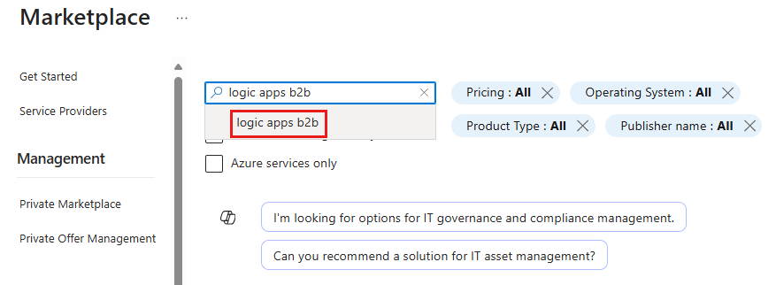 Captura de pantalla que muestra Marketplace donde puede buscar y seleccionar Logic Apps B2B.