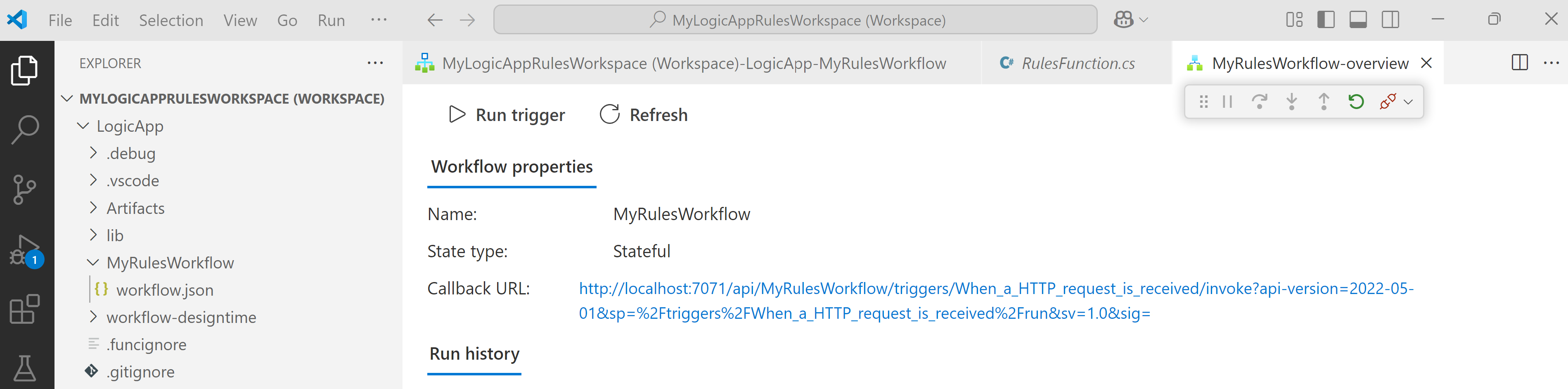 Captura de pantalla que muestra Visual Studio Code y la página Información general del flujo de trabajo abierta.