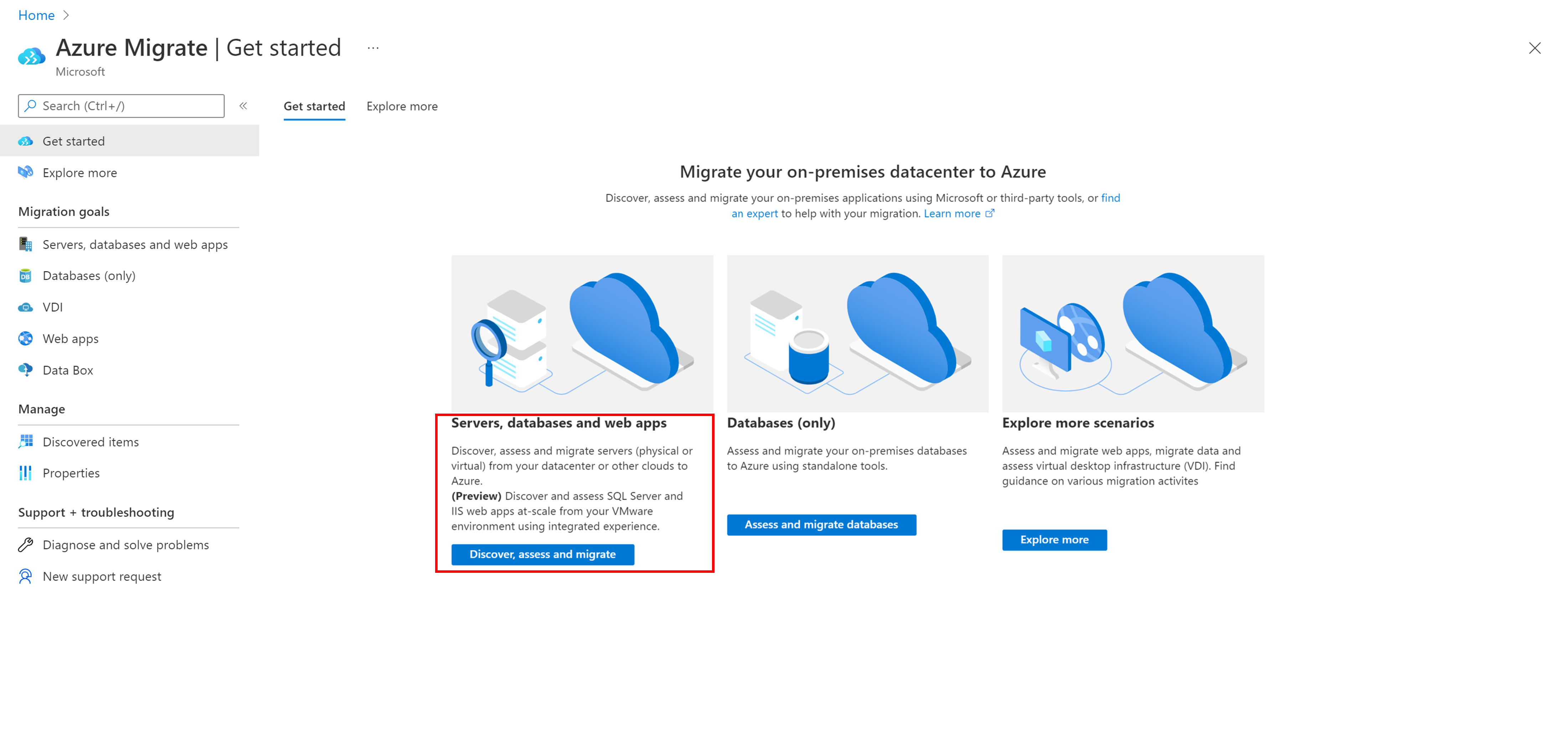 Captura de pantalla de la página de información general de Azure Migrate.