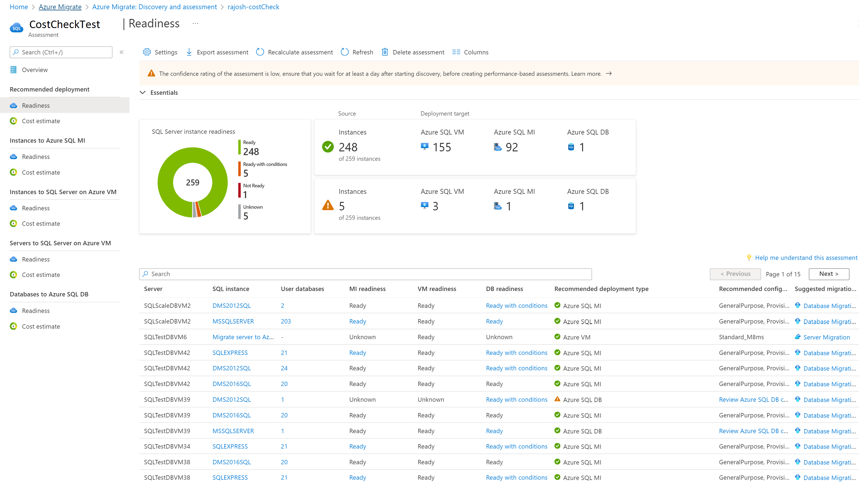 Captura de pantalla con los detalles de la preparación de Azure SQL