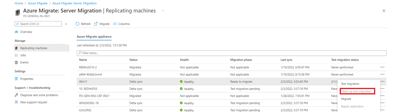 Captura de pantalla que muestra el resultado después de la limpieza de la migración de prueba.