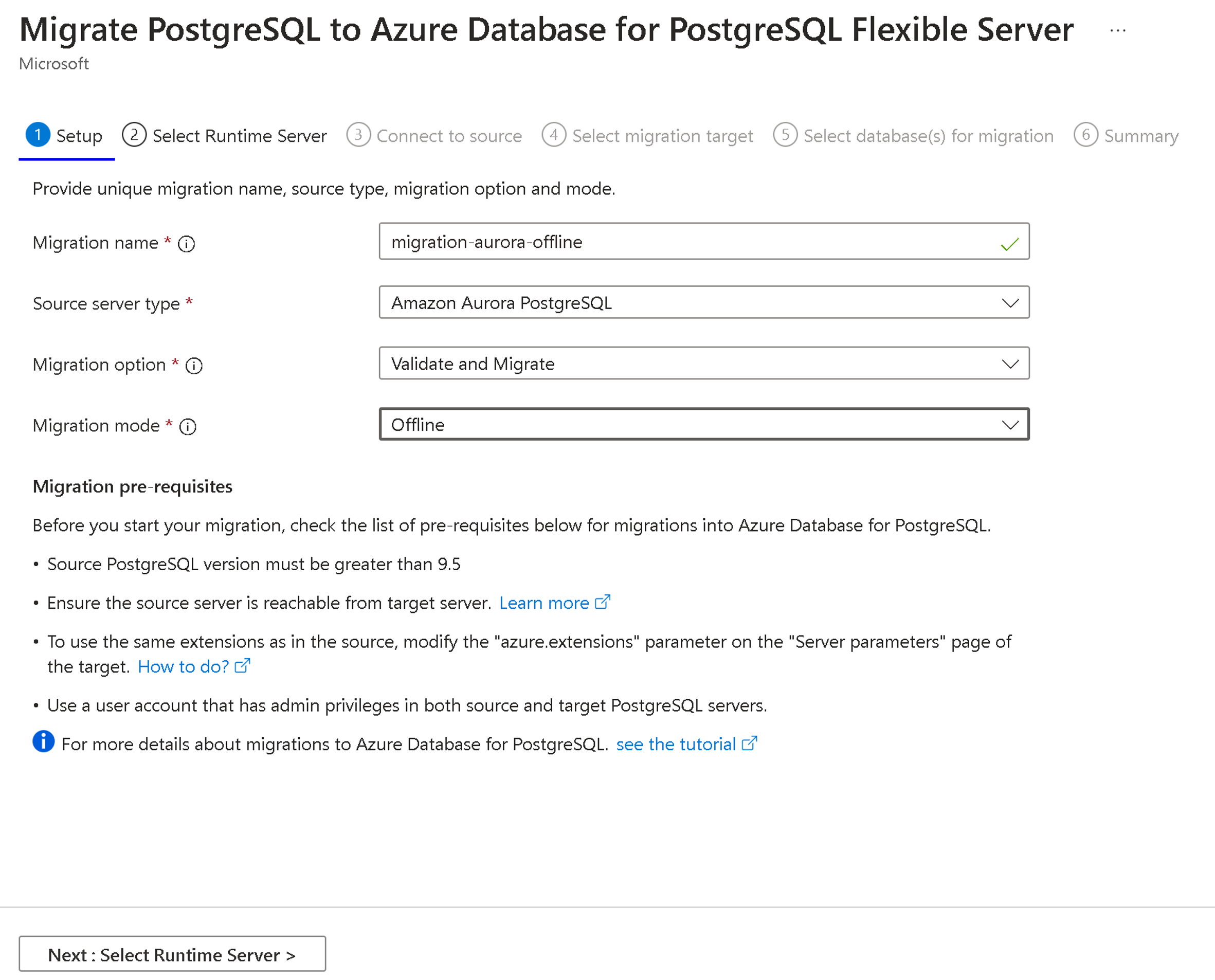 Recorte de pantalla de la pestaña Configuración de la migración en Azure Portal.