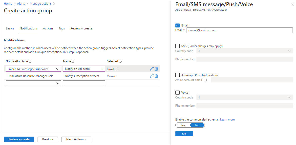 Captura de pantalla que muestra la pestaña Notificaciones del diálogo Crear grupo de acciones. La información de configuración de una notificación por correo electrónico es visible.