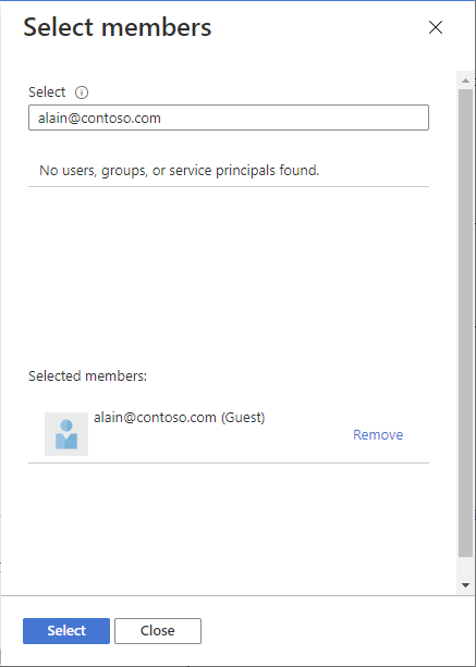 Screenshot of invite external user in Select members pane.