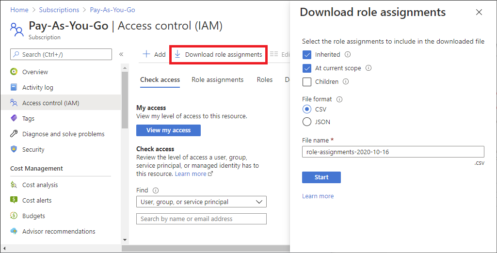 Captura de pantalla del control de acceso y descarga asignaciones de roles.