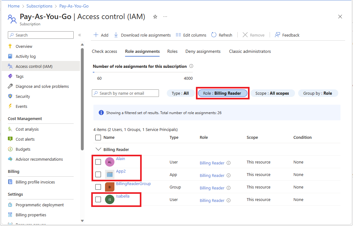 Captura de pantalla de la página Control de acceso (IAM) que muestra las asignaciones de roles con el mismo rol y en el mismo ámbito, pero para distintas entidades de seguridad.