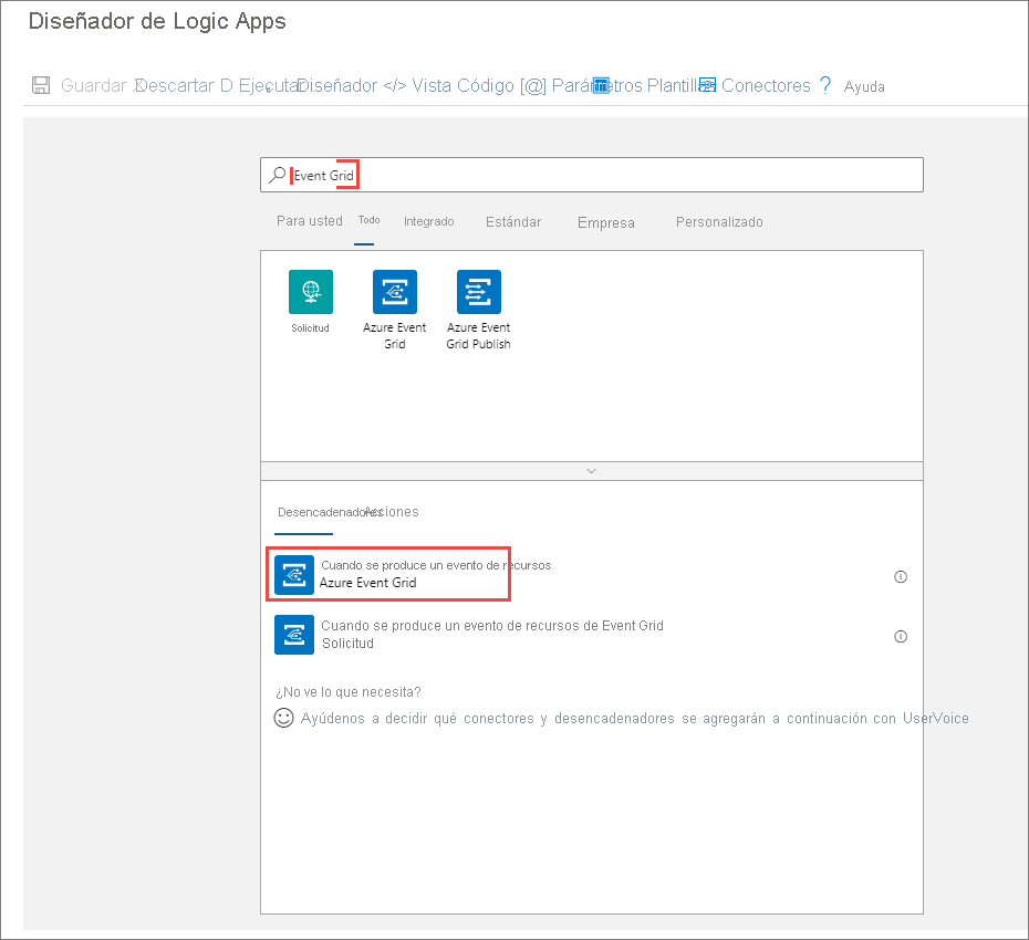 Captura de pantalla del Diseñador de aplicación lógica con el desencadenador de Event Grid seleccionado.