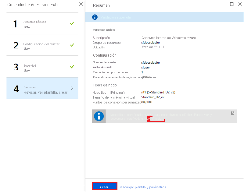 Screenshot shows the Create Service Fabric cluster Summary page with a link to view and download a certificate.