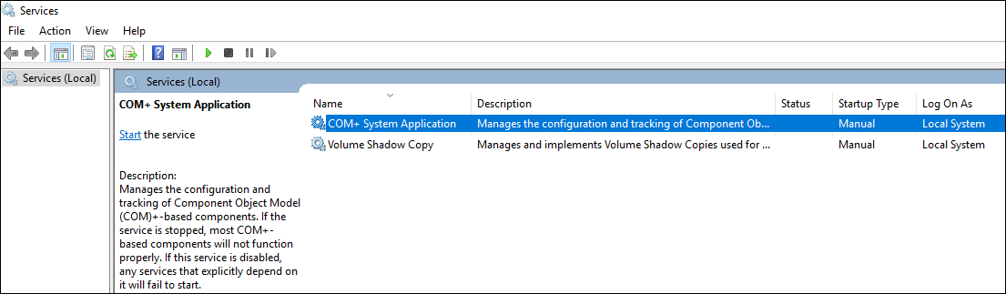 Comprobación de tipo de inicio de los servicios de aplicación del sistema COM+ y de instantáneas de volumen.