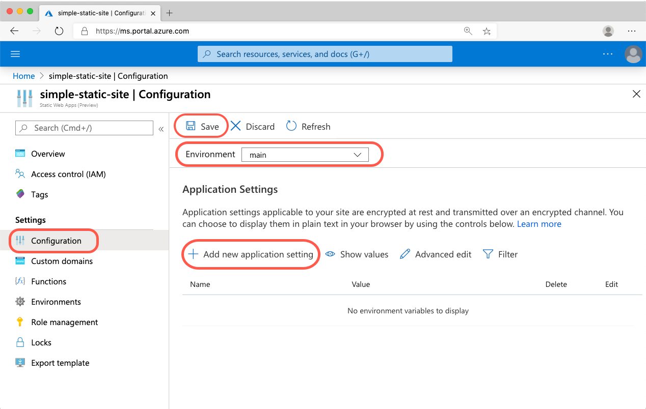 Captura de pantalla de la vista de variables de entorno de Azure Static Web Apps