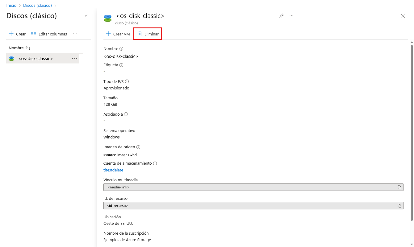 Captura de pantalla que muestra cómo eliminar artefactos de disco clásicos en Azure Portal.