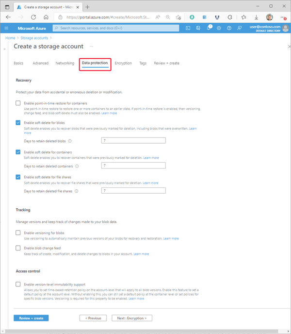 Captura de pantalla que muestra una configuración estándar para una nueva cuenta de almacenamiento: pestaña de protección de datos.