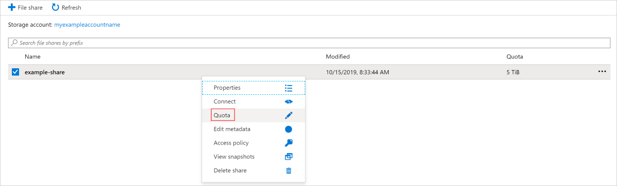 La interfaz de usuario de Azure Portal con la cuota de los recursos compartidos de archivos existentes