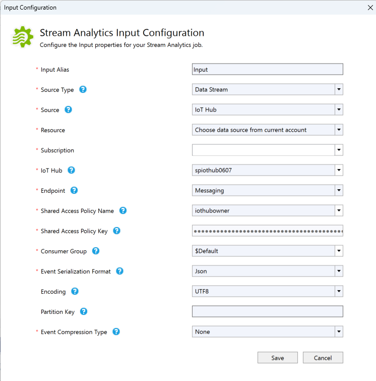 Captura de pantalla que muestra la página de configuración de entrada de Stream Analytics.