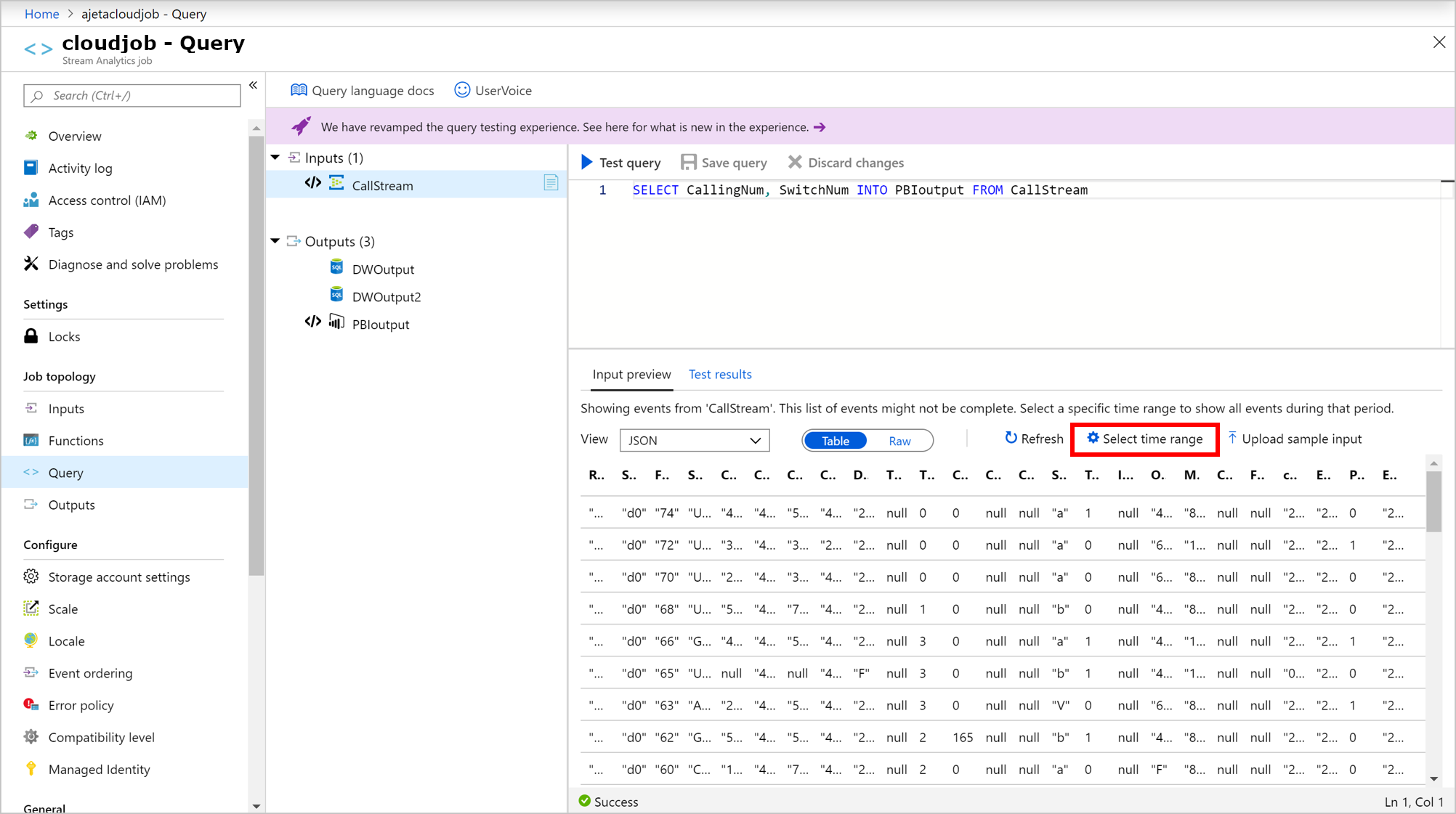 Captura de pantalla del selector de intervalo de tiempo Azure Stream Analytics para eventos de ejemplo entrantes.