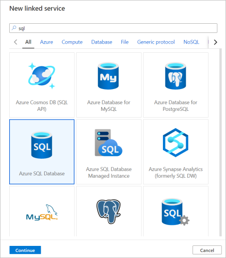 Creación de un nuevo servicio vinculado de Azure SQL Database