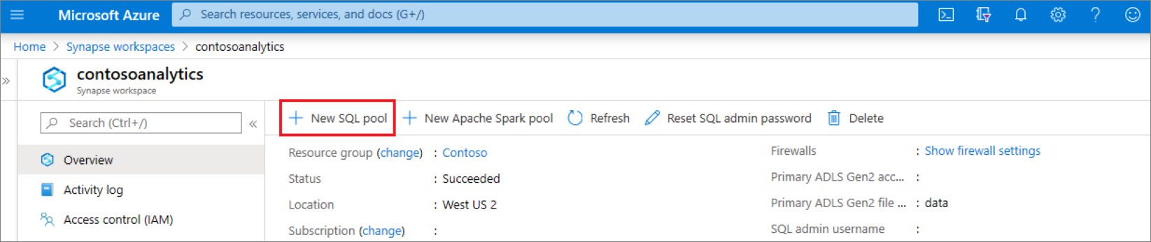 Información general sobre el área de trabajo de Synapse con un cuadro rojo alrededor del comando para crear un nuevo grupo de SQL dedicado.