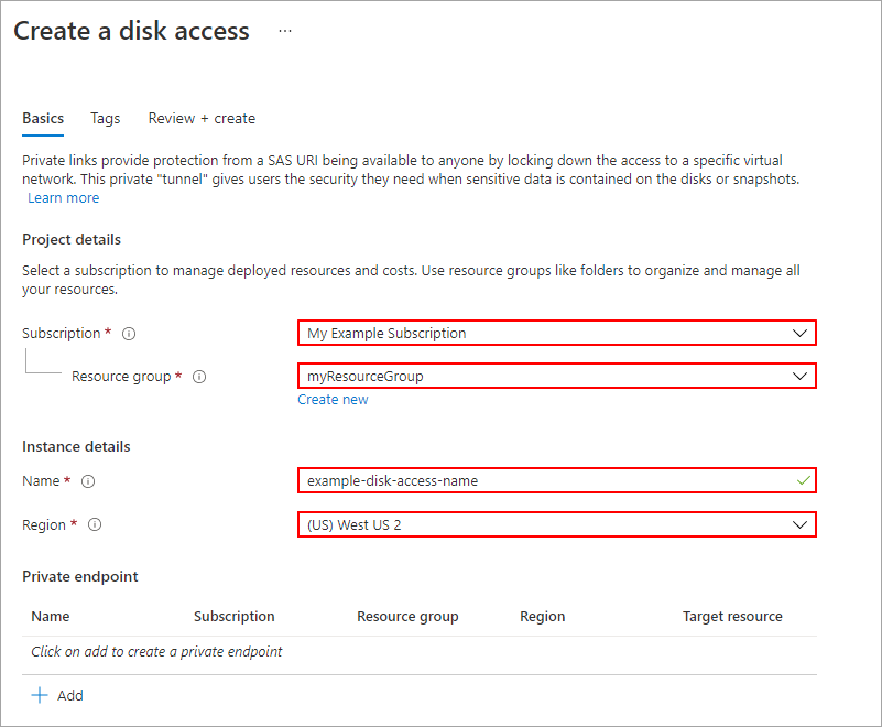 Captura de pantalla del panel de creación de un acceso a disco. Rellene el nombre deseado, seleccione una región, seleccione un grupo de recursos y continúe.