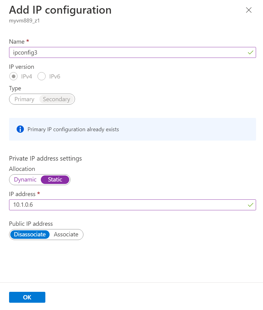 Captura de pantalla de Agregar configuración de IP solo para una IP privada.