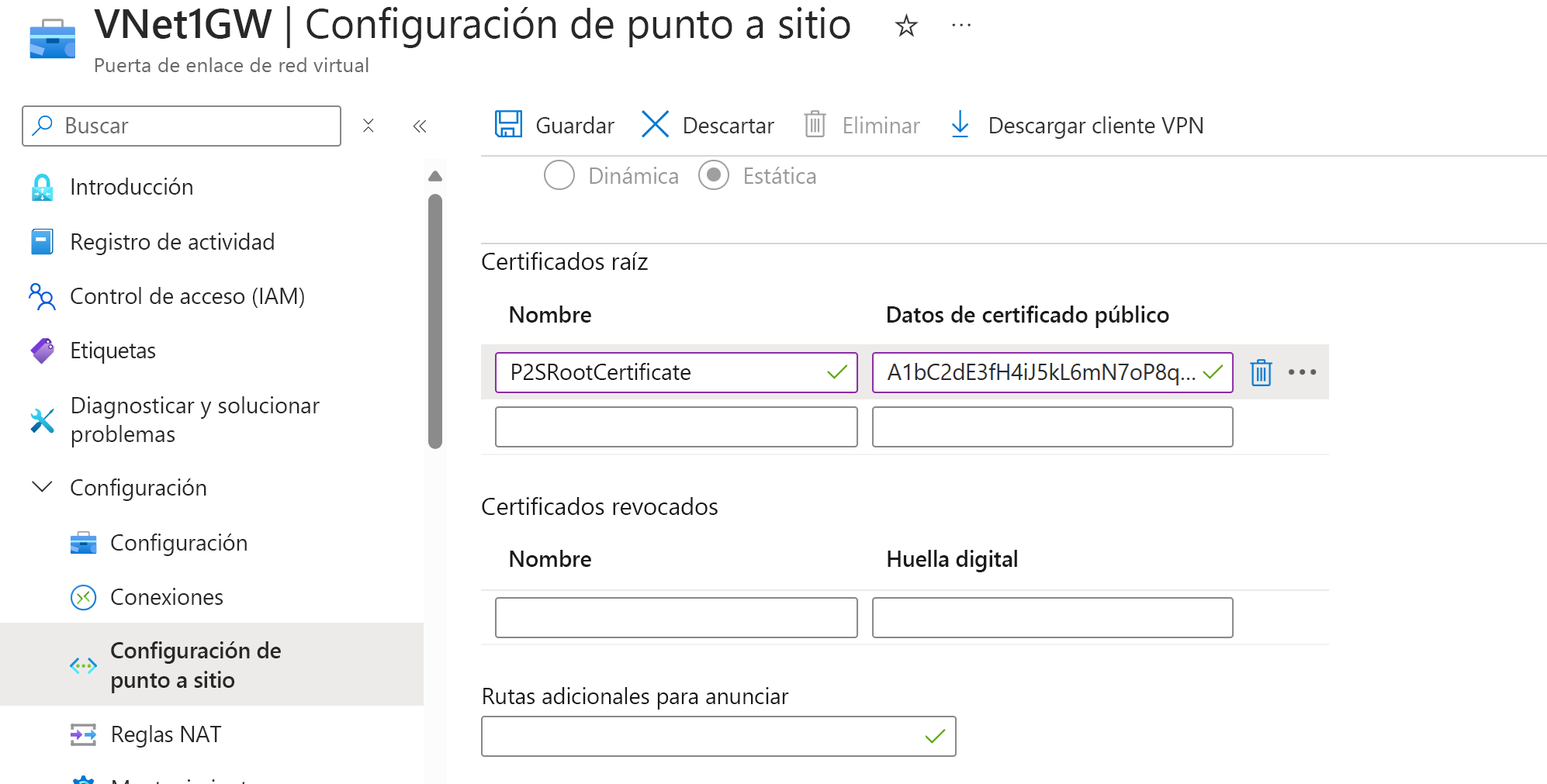Captura de pantalla del campo de datos del certificado.