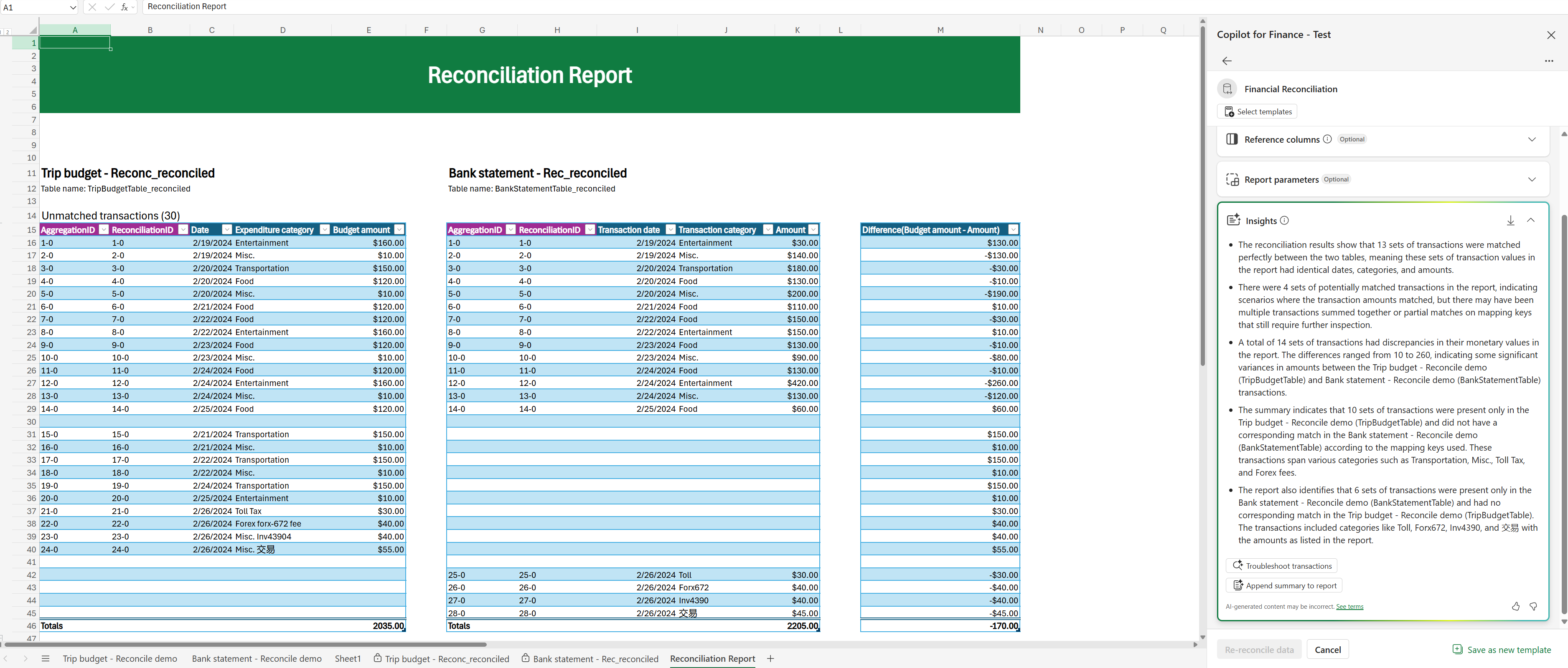 Screenshot of a reconciliation report that includes aggregation IDs and reconciliation IDs.