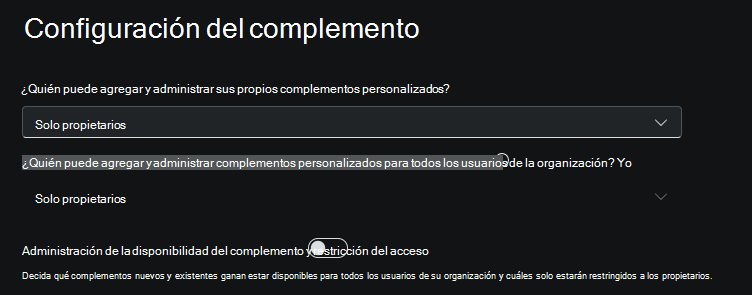 Captura de pantalla de las opciones de control del complemento.