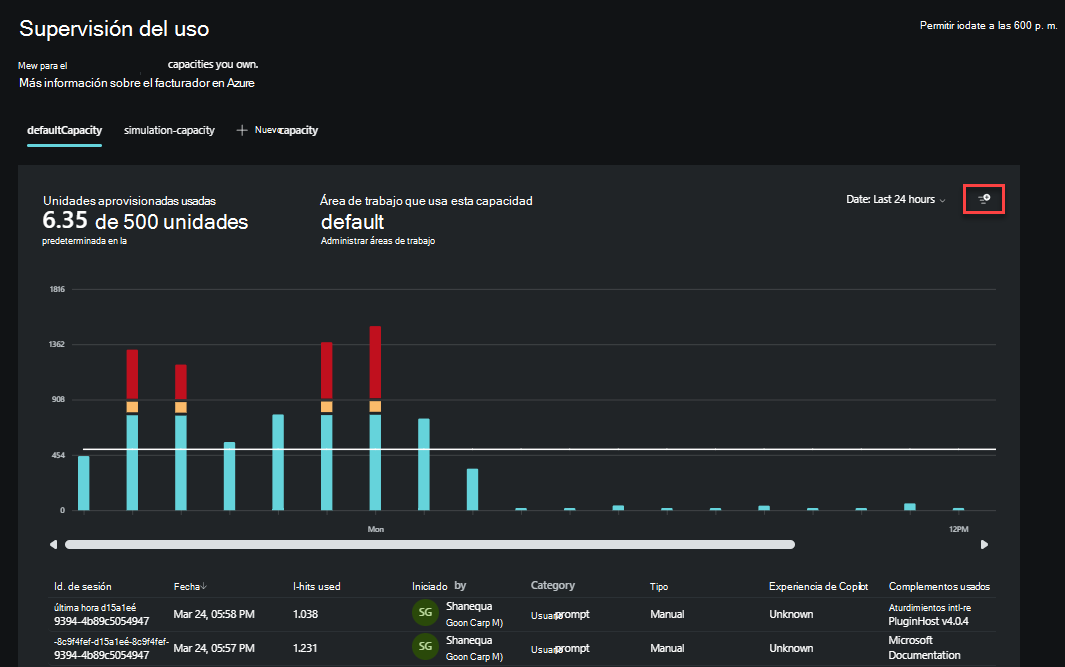 Captura de pantalla que muestra el botón de filtro del panel de supervisión de uso.
