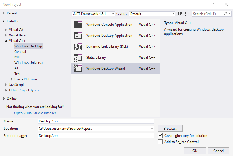 Captura de pantalla del cuadro de diálogo Nuevo proyecto en Visual Studio 2017. El elemento Asistente para escritorio de Windows está seleccionado. El cuadro de texto Nombre indica DesktopApp.