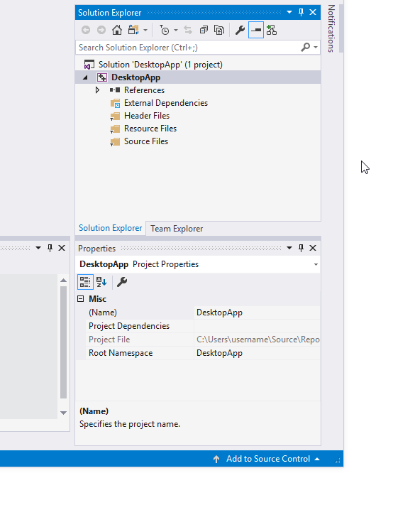 Animación que muestra cómo agregar un nuevo elemento a DesktopApp Project en Visual Studio 2019.