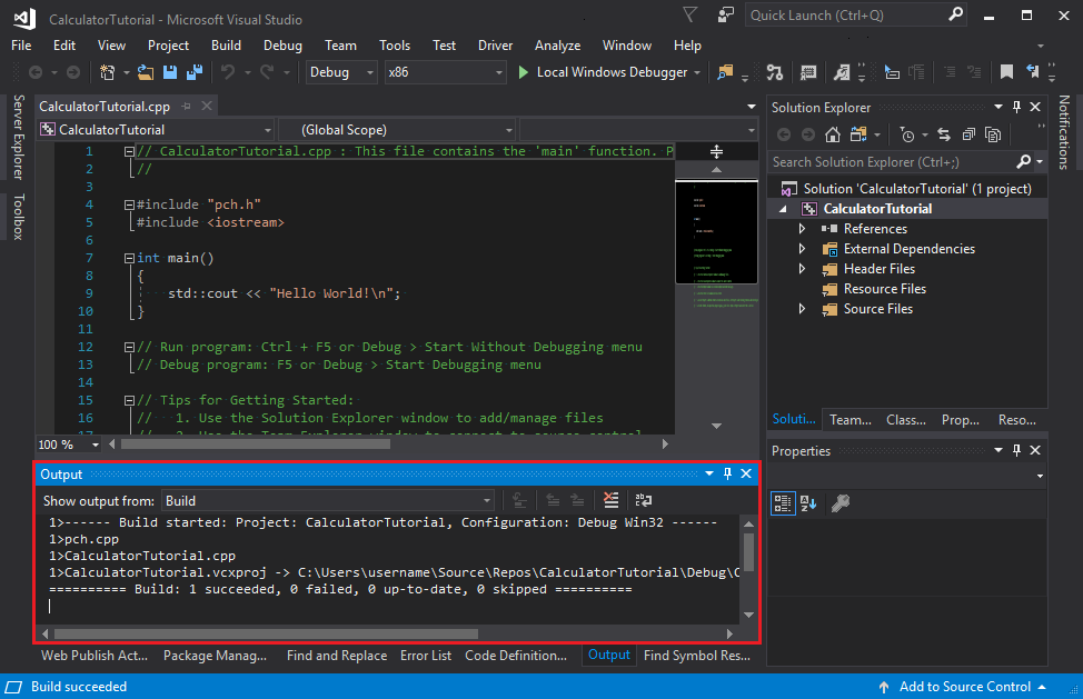 Captura de pantalla de la ventana Salida de Visual Studio que muestra que la compilación se realizó correctamente.