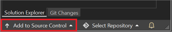 Captura de pantalla de los botones de control de código fuente de Git debajo del panel Explorador de soluciones, con el botón Agregar al control de código fuente resaltado.