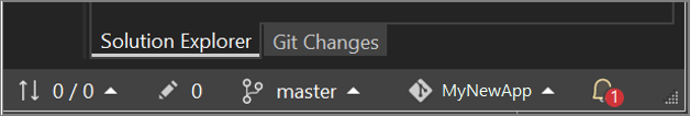 Captura de pantalla de la barra de estado del repositorio situada debajo del panel Explorador de soluciones de Visual Studio, en la que se muestra el nombre de la rama y el número de cambios pendientes.