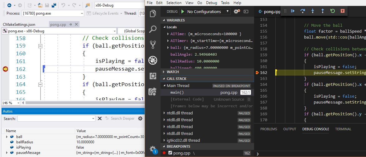 Captura de pantalla de la depuración en Live Share en C++ diseñada para mostrar a dos personas viendo la experiencia de depuración una al lado de la otra en su propia pantalla.